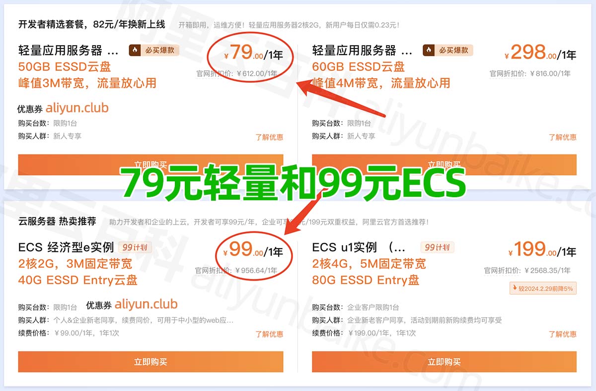 阿里云2核2G3M服务器99元和轻量79元对比