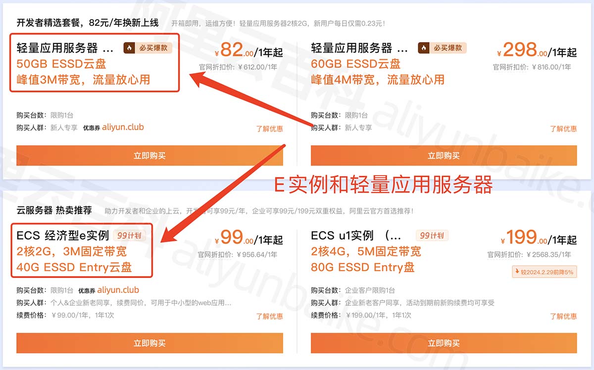 阿里云服务器e实例和轻量应用服务器